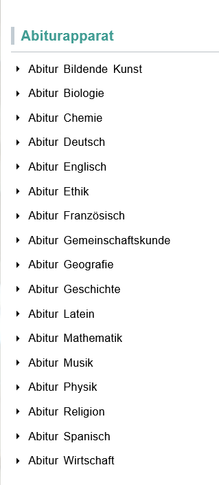 Screenshot zu einem Ausschnitt des virtuellen Abiturapparats, der die zur Verfügung stehenden Titel anzeigt.