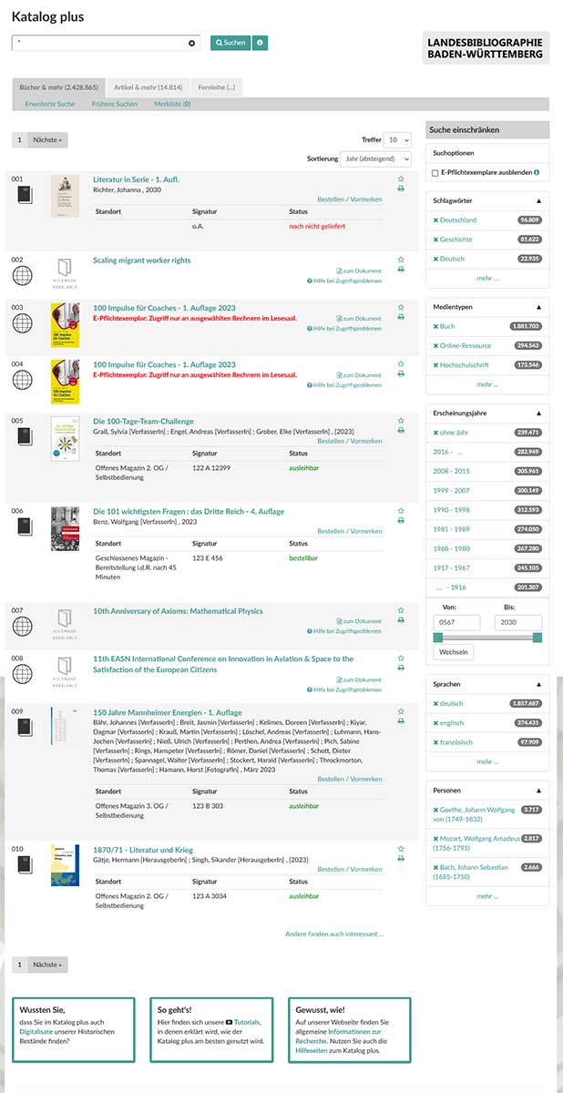Screenshot des Katalog plus der Badischen Landesbibliothek Karlsruhe.