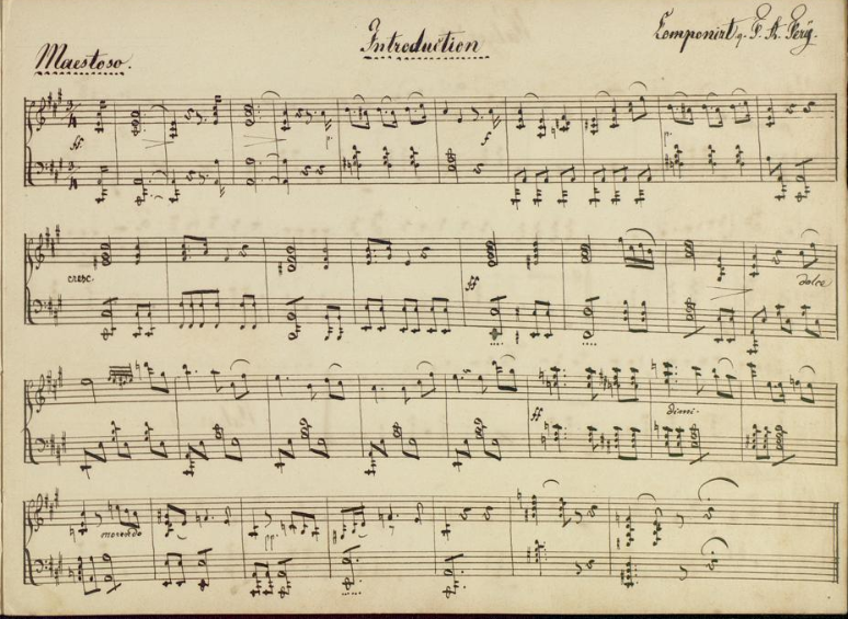 Zu sehen ist ein Digitalisat der ersten Notenseite des Friedrich-Luisen-Walzers von F. A. Fery anlässlich des Einzugs des Großherzogpaars in Mannheim am 26. September 1856.