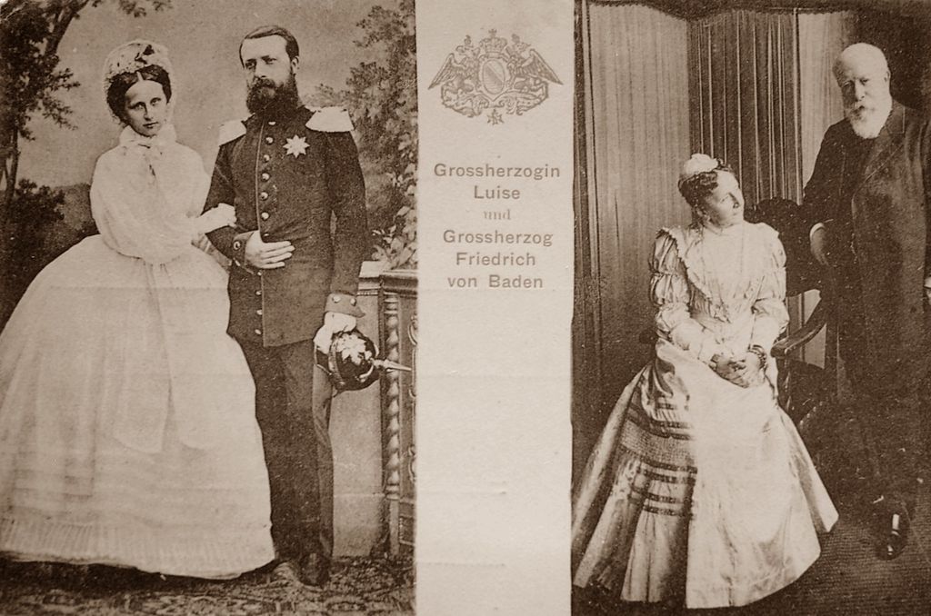 Zu sehen sind zwei Porträtfotos des Großherzogpaars Friedrich I. von Baden (1826 bis 1907) und Luise von Baden, Prinzessin von Preußen (1838 bis 1923), ein Jugendbildnis und ein Altersbildnis auf einer Postkarte von 1906.