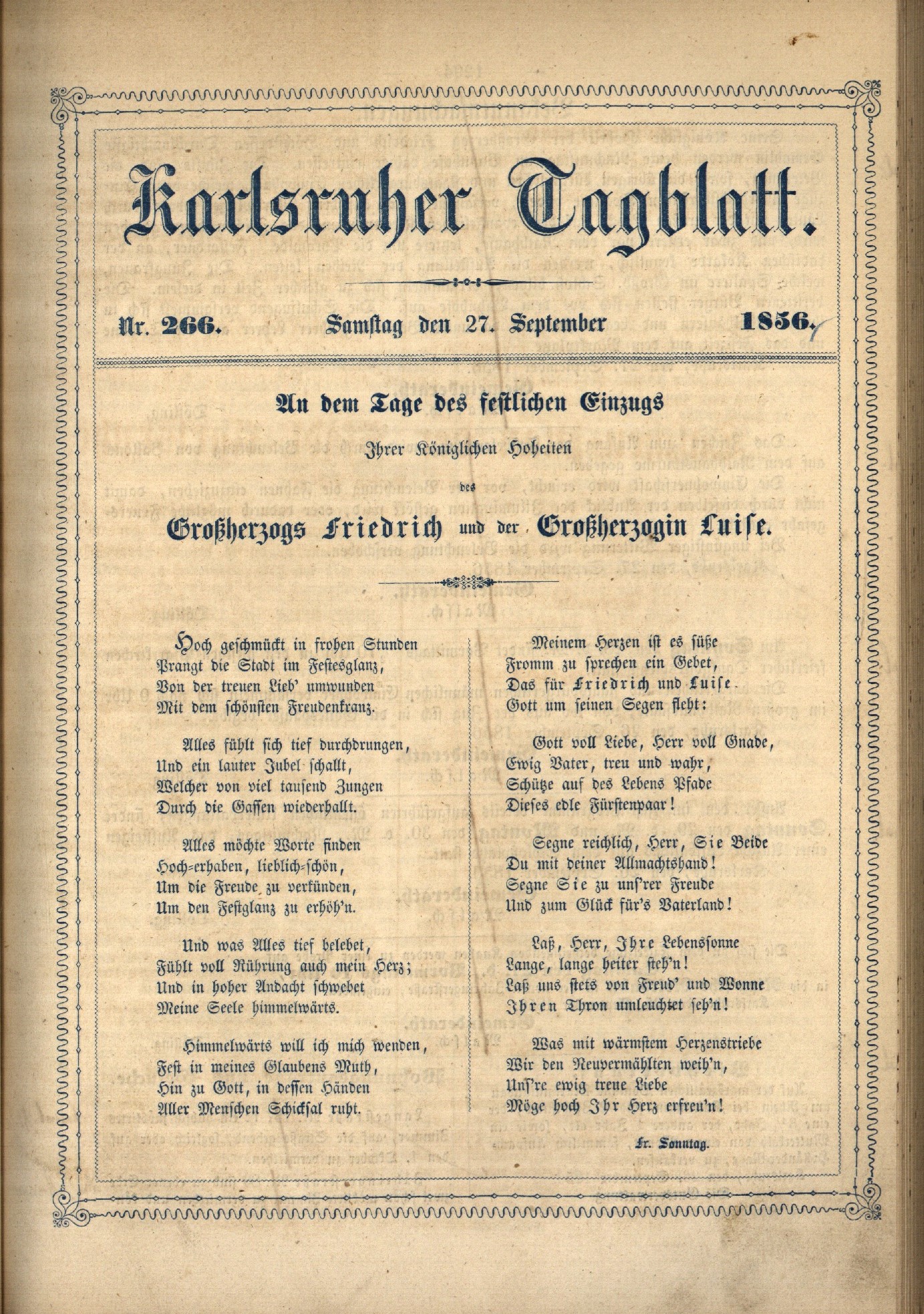 Zu sehen ist ein Digitalisat der Titelseite des Karlsruher Tagblatts mit einem Preisgedicht anlässlich des Einzugs des Großherzogpaars in Karlsruhe am 27. September 1856.