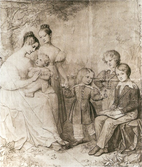 Das Bild zeigt Großherzogin Sophie von Baden und ihre fünf Kinder in einer Vorzeichnung von 1834 von Marie Ellenrieder.