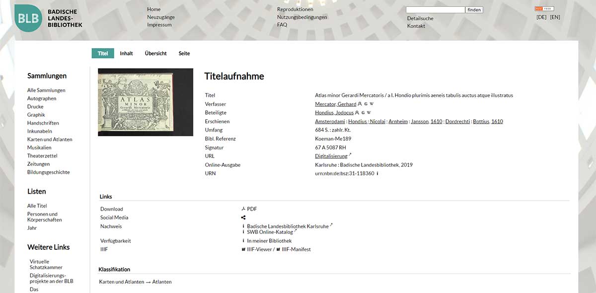 Übersichtsseite zum Atlas Minor von Gerhard Mercator in den Digitalen Sammlungen der Badischen Landesbibliothek.