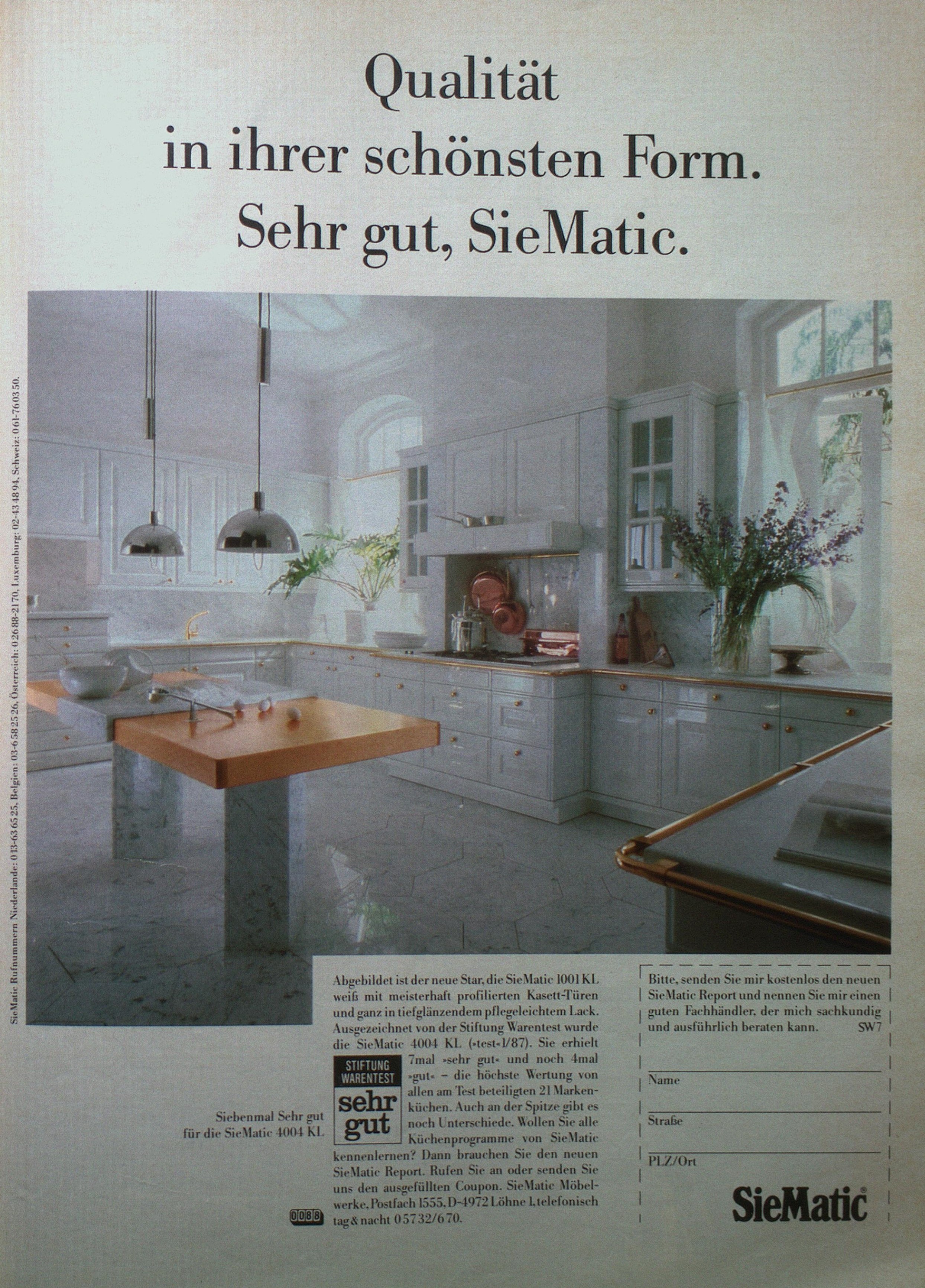 Zu sehen ist eine Werbeanzeige der Firma SieMatic in der Zeitschrift Schöner Wohnen von Juli 1987.