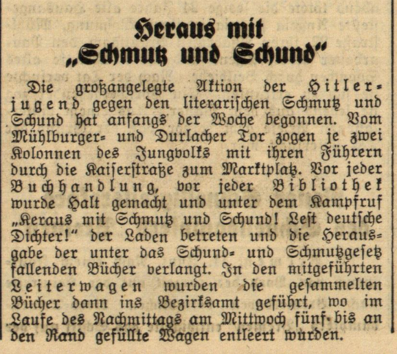 Der Screenshot zeigt einen Artikel im Badischen Beobachter vom 16. Juni 1933, in dem über die Bücherverbrennung in Karlsruhe berichtet wird.