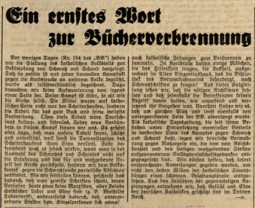 Der Screenshot zeigt einen Artikel im Badischen Beobachter vom 19. Juni 1933, in dem über die Bücherverbrennung in Karlsruhe berichtet wird.
