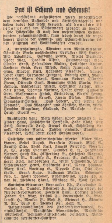 Der Screenshot zeigt einen Artikel im Jungen Freiheitskämpfer, der Beilage zum Führer, vom 16. Juni 1933, in dem verfemte Literatur beschrieben wird.