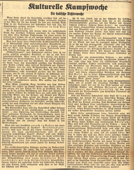 Der Screenshot zeigt einen Artikel im Mittelbadischen Courier vom 17. Juni 1933, in dem über die Bücherverbrennung in Karlsruhe berichtet wird.