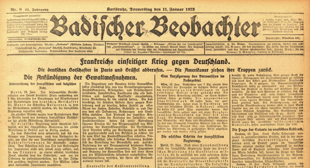 Der Screenshot zeigt einen Artikel im Badischen Beobachter vom 11. Januar 1923, in dem über den Einmarsch der franzöösischen Truppen ins Ruhrgebiet berichtet wird.