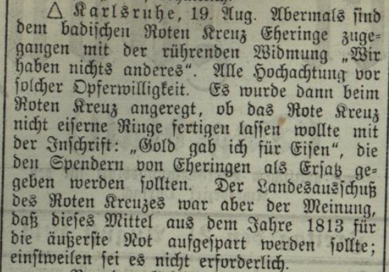 Der Screenshot zeigt einen Artikel im Durlacher Wochenblatt vom 21. August 1914, in dem über die Aktion "Gold gab ich für Eisen" berichtet wird.