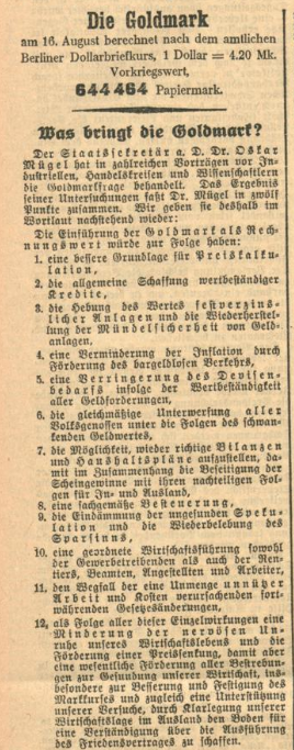Der Screenshot zeigt einen Artikel im Karlsruher Tagblatt vom 17. August 1923, in dem über die Goldmark als Ausweg aus der Hyperinflation berichtet wird.