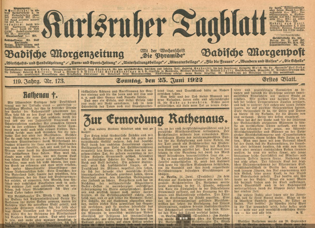 Der Screenshot zeigt einen Artikel im Karlsruher Tagblatt vom 25. Juni 1922, in dem über die Ermordung Walther Rathenaus berichtet wird.