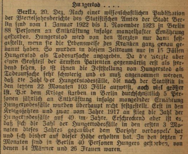 Der Screenshot zeigt einen Artikel im Landboten vom 29. Dezember 1923, in dem über den Hungertod als Todesursache berichtet wird.