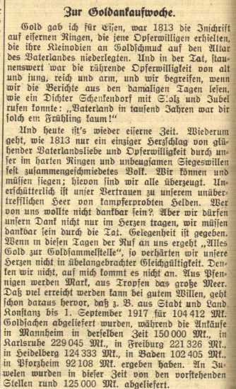 Der Screenshot zeigt einen Artikel im Mittelbadischen Courier vom 19. Februar 1923, in dem über die Aktion "Gold gab ich für Eisen" berichtet wird.
