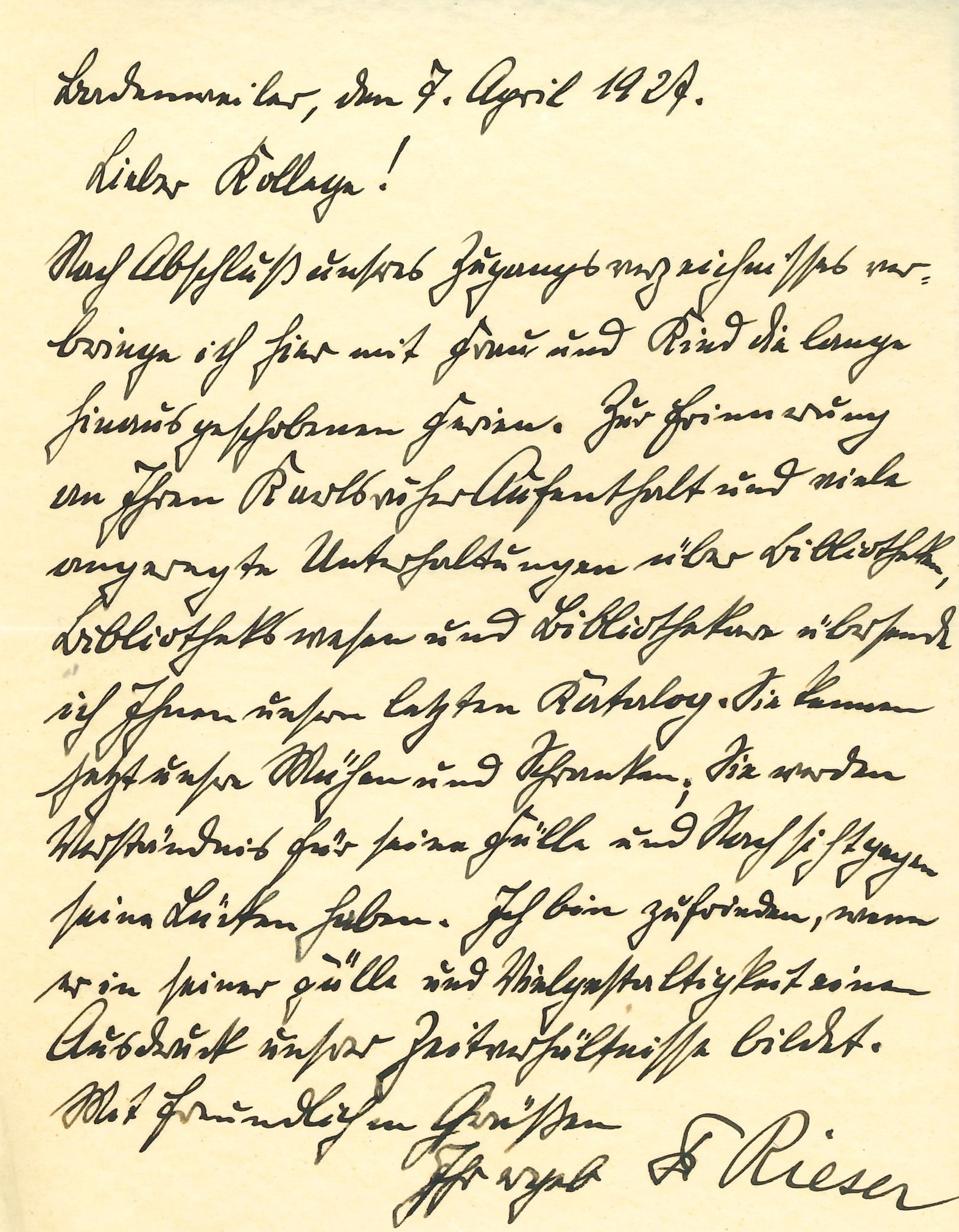 Handschriftlicher, einseitiger Brief von Ferdinand Rieser an Friedrich Lautenschlager