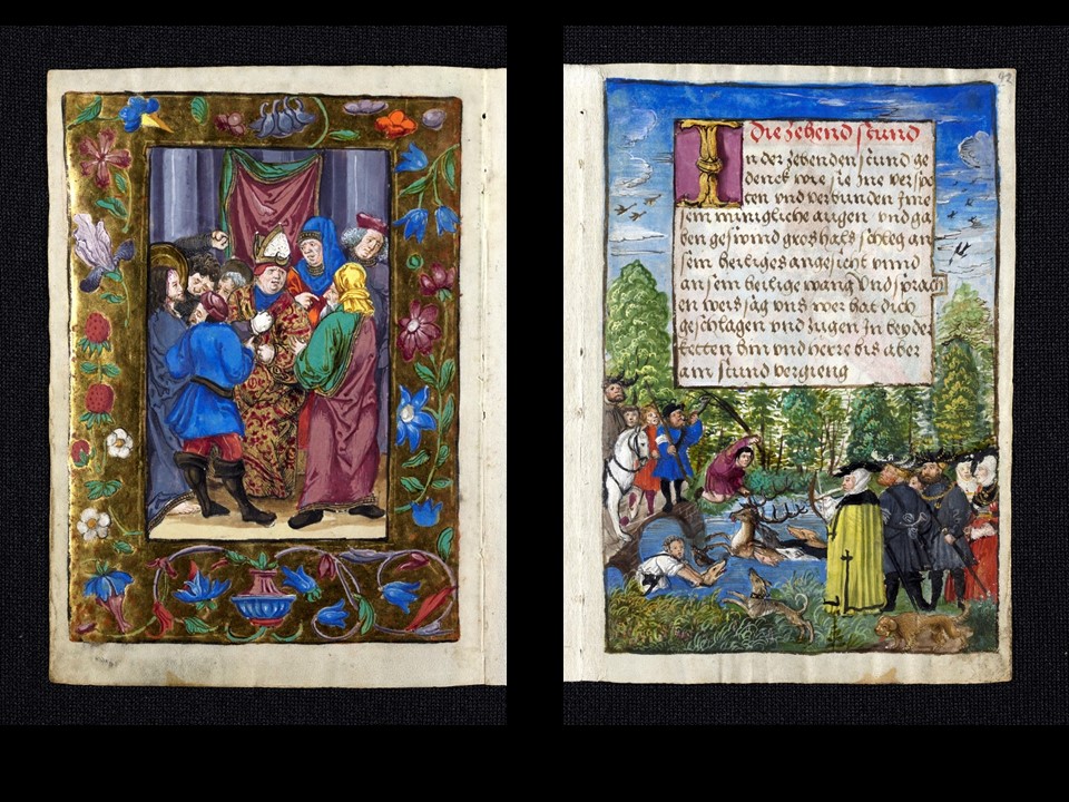 Das Bild zeigt Buchmalereien aus dem Stundenbuch der Markgräfin Susanna von Brandenburg.