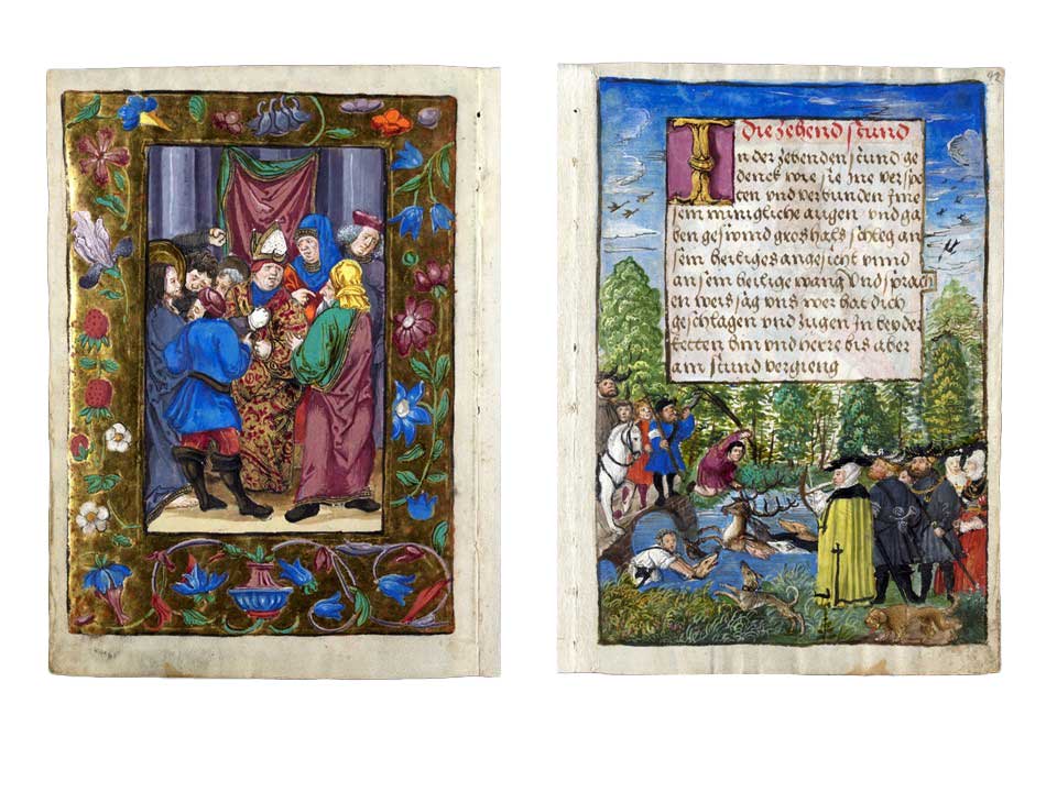 Das Bild zeigt Buchmalereien aus dem Stundenbuch der Markgräfin Susanna von Brandenburg.