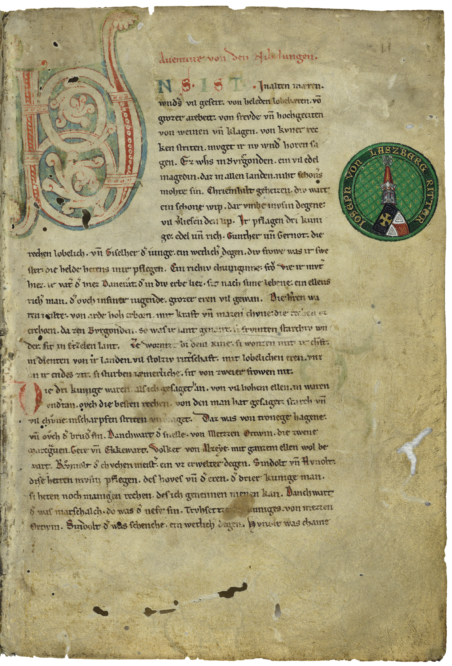 Das Bild zeigt die erste Seite des Nibelungenlieds.