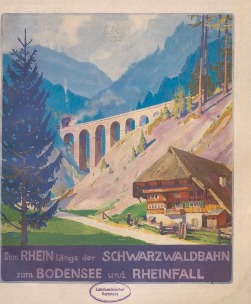 Zu sehen ist eine Darstellung eines Landschaftsausschnitts mit Schwarzwaldhütte, Tanne und Bahnbrücke im Hintergrund.