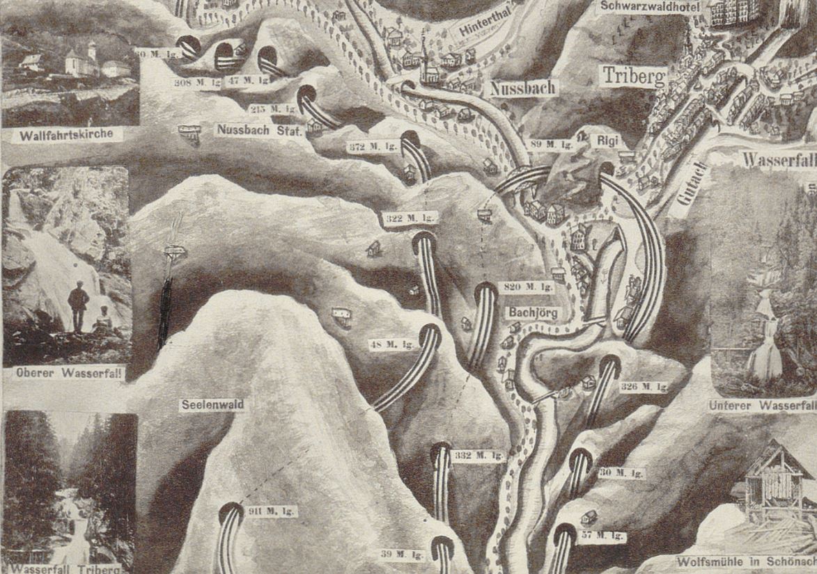 Detail aus einem aufgeklappten Leporello (Faltbuch) mit Übersicht der Schwarzwaldbahnstrecke.