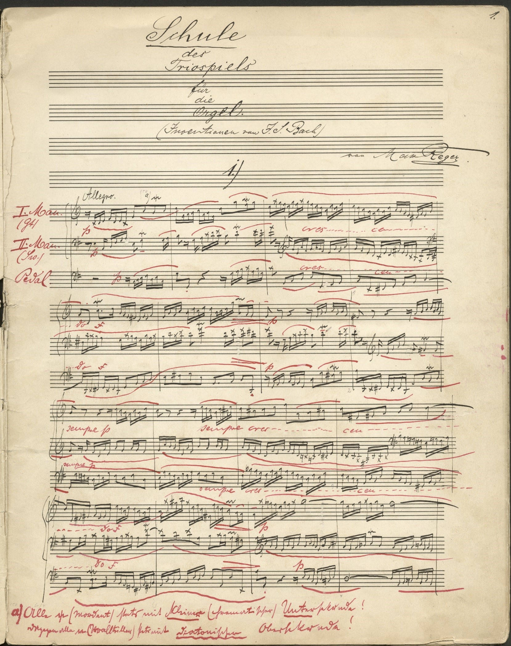 Die Abbildung zeigt die erste Seite der Stichvorlage für die Schule des Triospiels von Johann Sebastian Bach, bearbeitet von Max Reger und Karl Straube.
