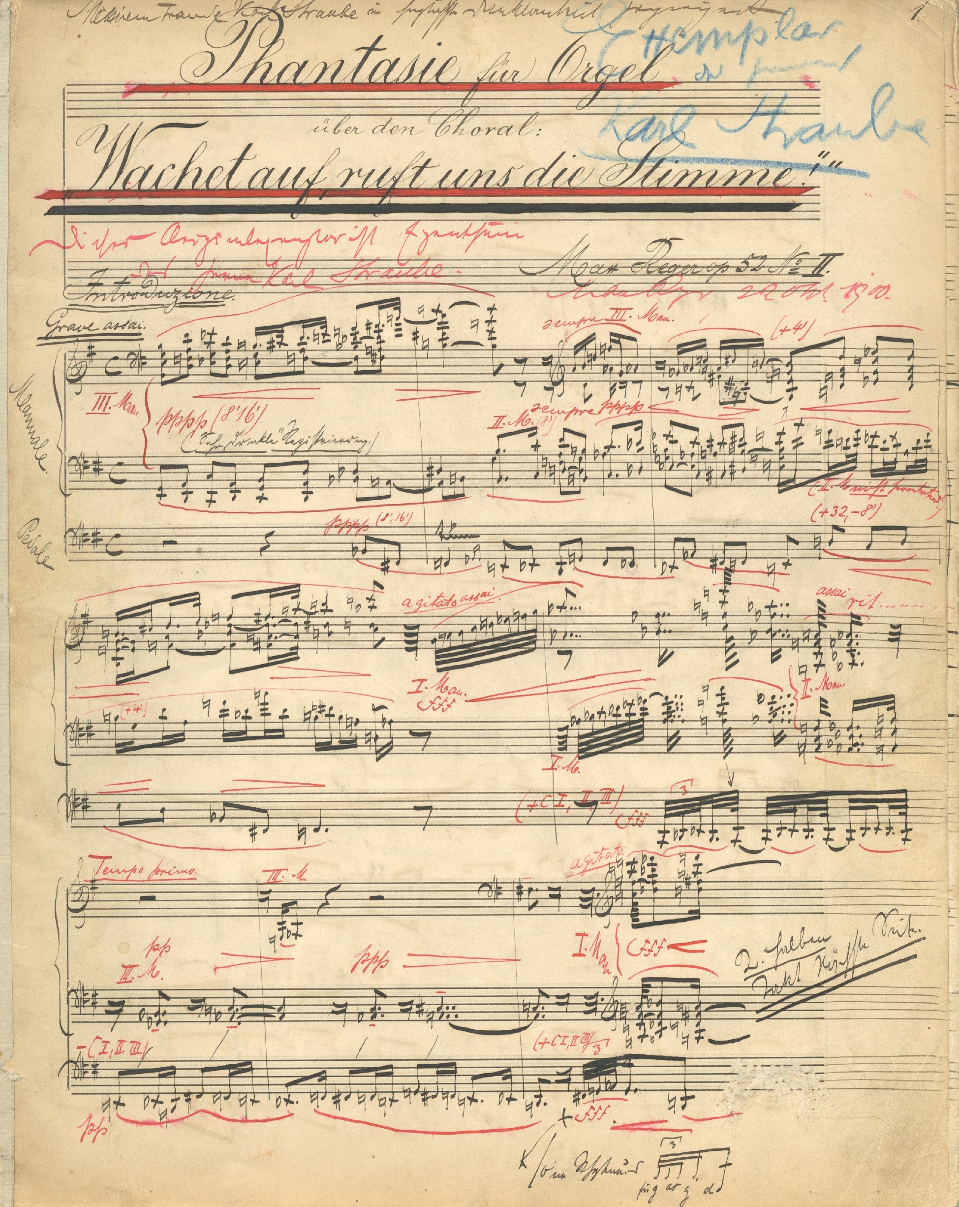 Die Abbildung zeigt die erste Seite der Notenhandschrift für die Phantasie über den Choral „Wachet auf, ruft uns die Stimme“ op. 52 Nr. 2 von Max Reger.