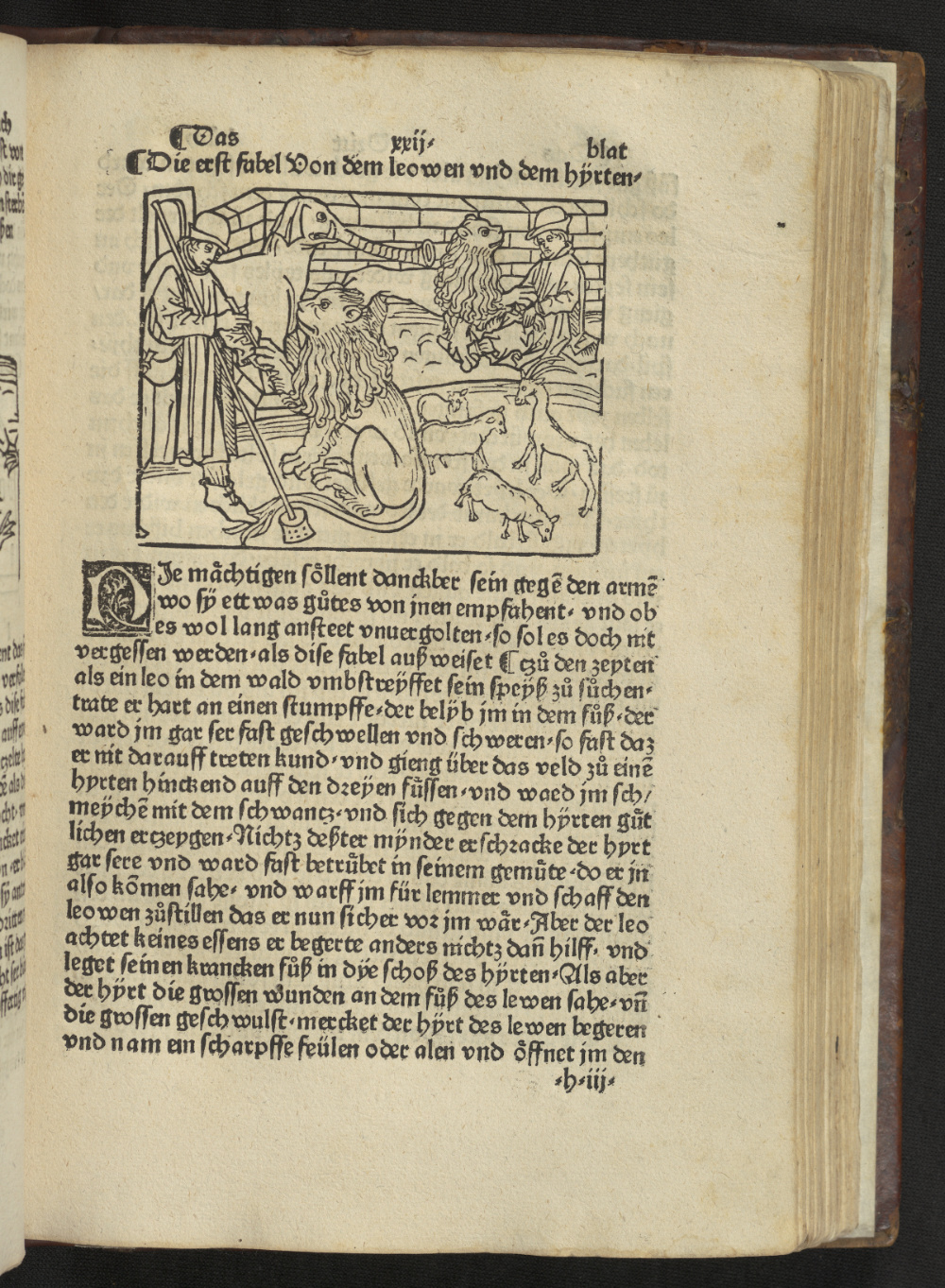 Das Bild zeigt eine Seite aus einer deutschsprachigen Fabelsammlung von 1491 mit der Fabel vom Löwen und Hirten von Äsop.