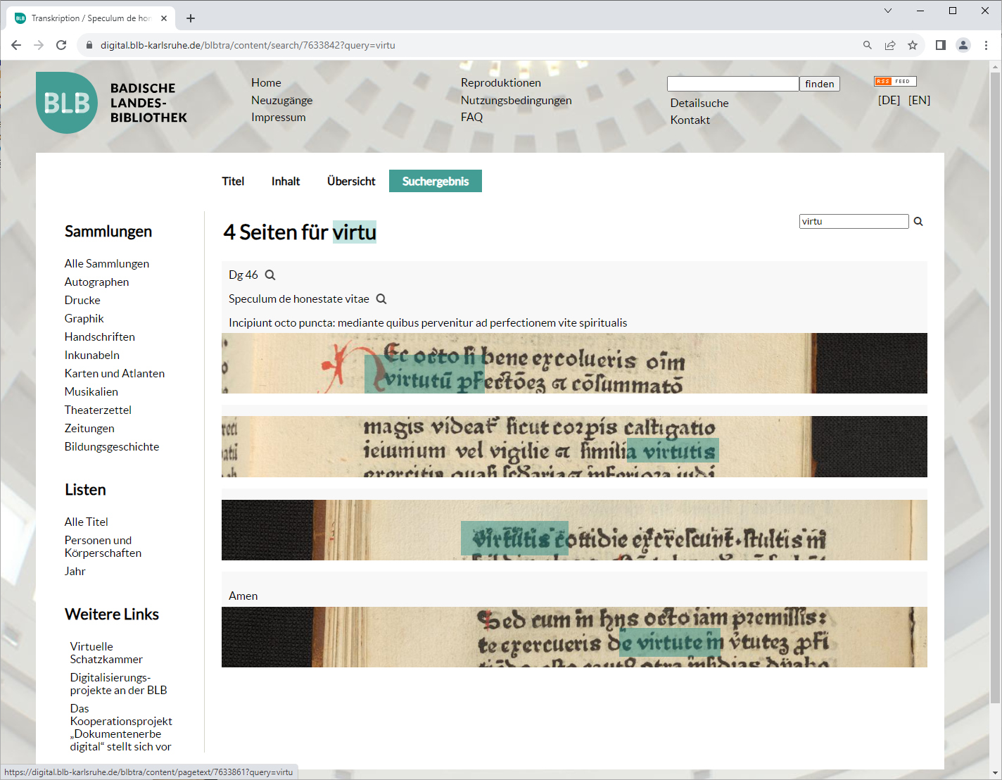Der Screenshot zeigt die Suchfunktion in unseren Digitalen Sammlungen, die den Volltext mit den dazugehörigen Bildausschnitten verknüpft.