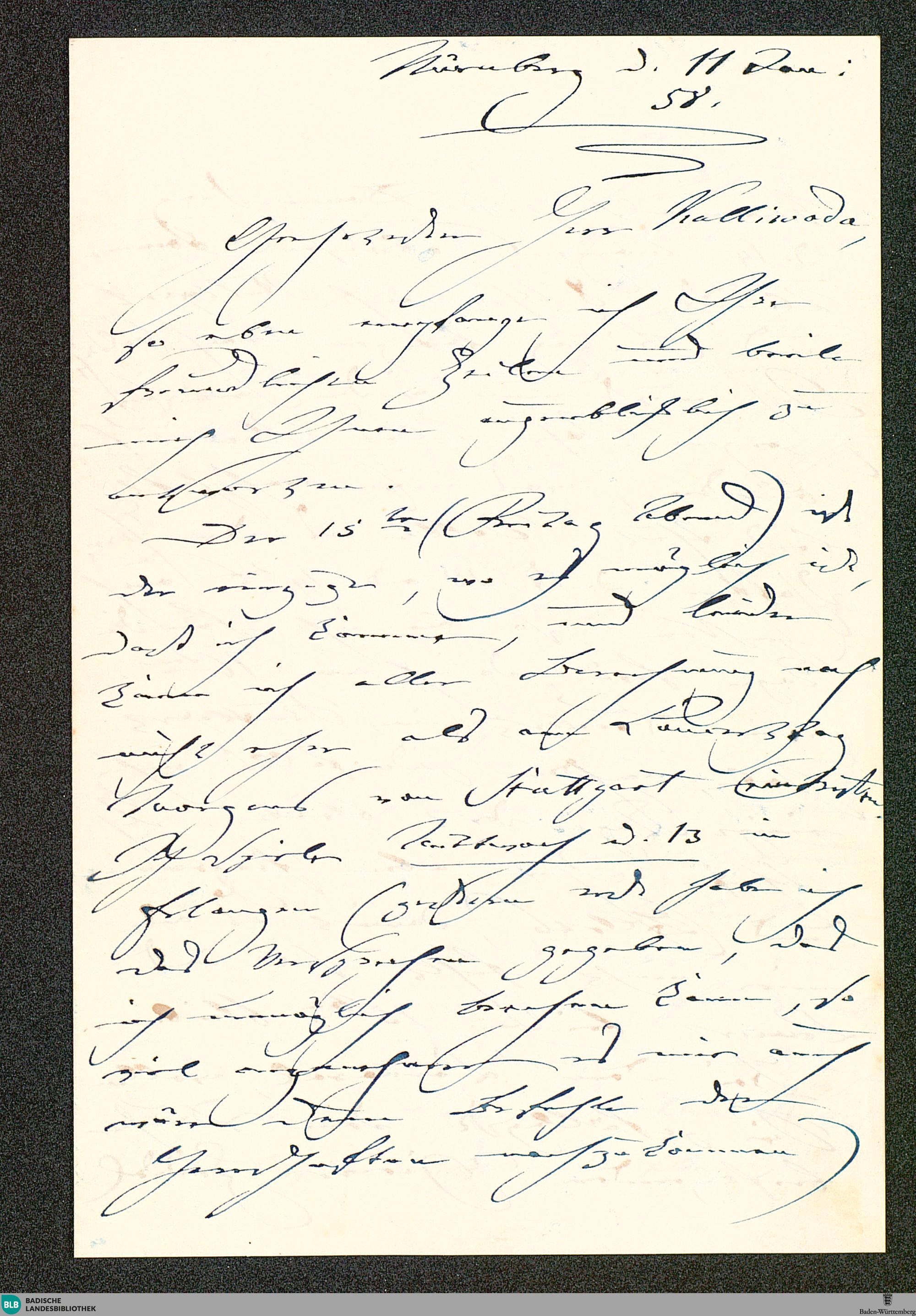 Der Screenshot zeigt die erste Seite des Briefs von Clara Schumann an Wilhelm Kalliwoda vom 11. Januar 1858.