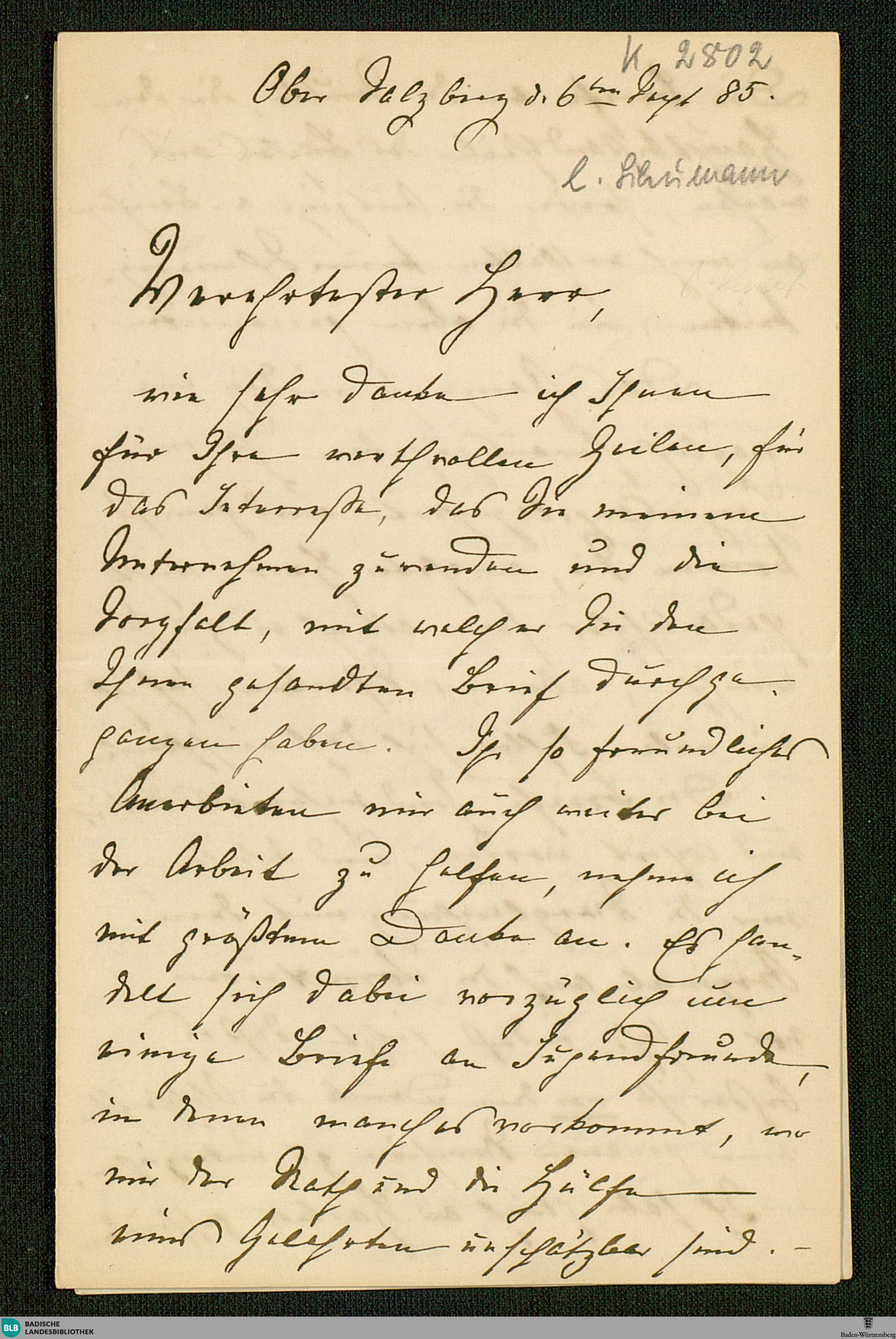 Der Screenshot zeigt die erste Seite des Briefs von Clara Schumann an Gustav Wendt vom 6. September 1885.