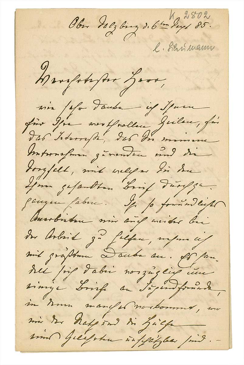 Der Screenshot zeigt die erste Seite des Briefs von Clara Schumann an Gustav Wendt vom 6. September 1885.