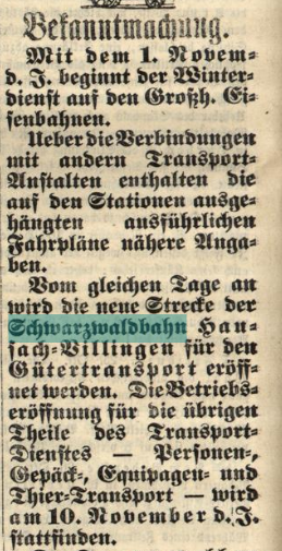 Der Screenshot zeigt einen Zeitungsausschnitt der Karlsruher Zeitung vom 28.10.1873 zur offiziellen Eröffnung der Schwarzwaldbahn.