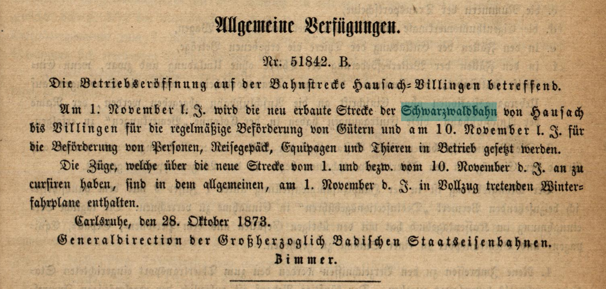 Der Screenshot zeigt einen Zeitungsausschnitt des Verordnungs-Blatts der Großherzoglich Badischen Staatseisenbahn vom 30.10.1873 zur offiziellen Eröffnung der Schwarzwaldbahn.