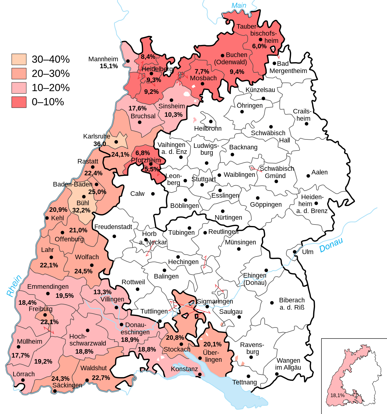 Die Abbildung zeigt das Ergebnis der Volksabstimmung 1970 über die Wiederherstellung des Landes Baden.