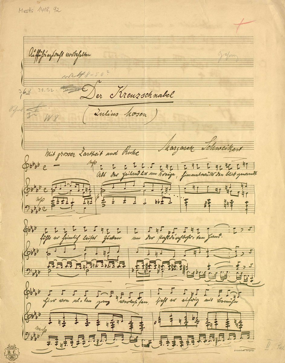 Die Abbildung zeigt die erste Notenseite des Liedes "Der Kreuzschnabel" von Margarete Schweikert.
