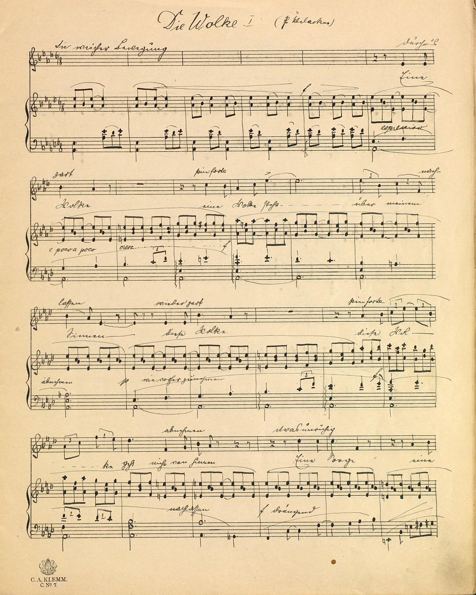 Die Abbildung zeigt die erste Notenseite des Liedes "Die Wolke" von margarete Schweikert.