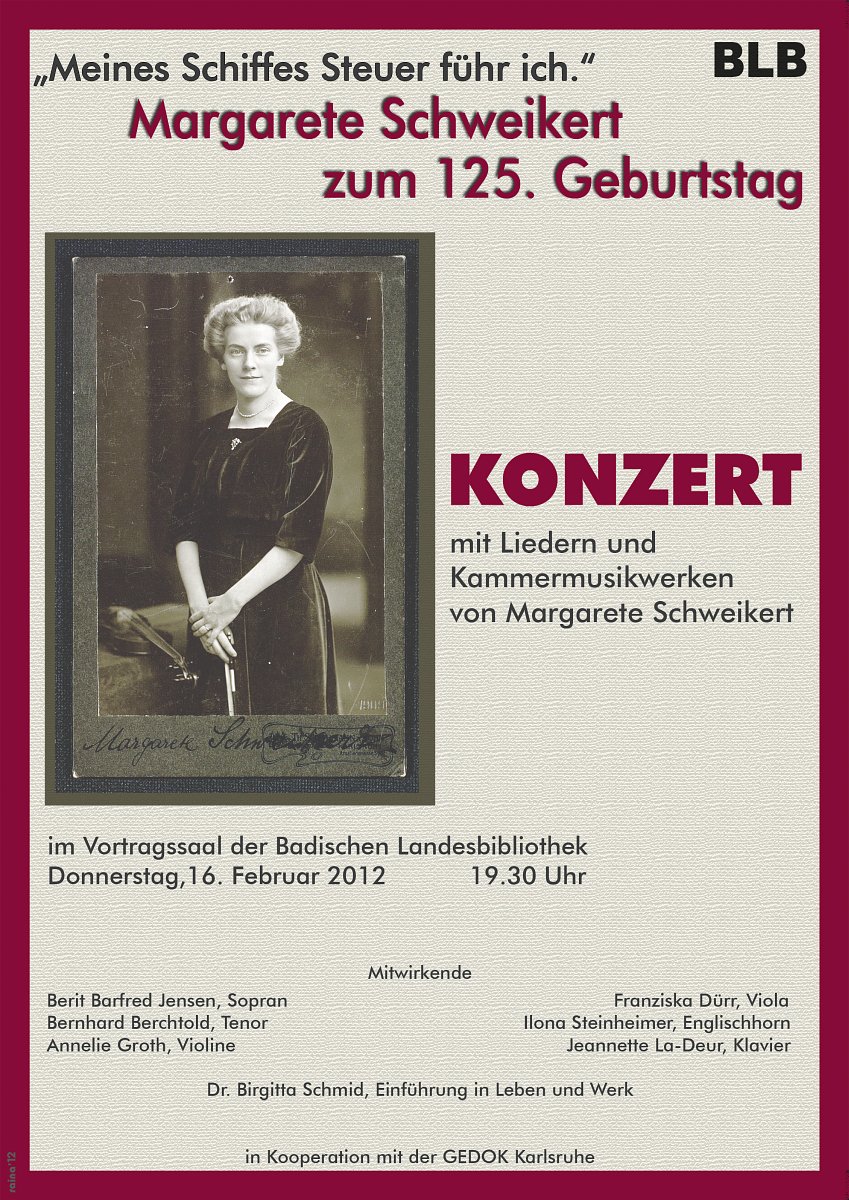 Die Abbildung zeigt die Konzertankündigung zum 16. Februar 2012 in der Badischen Landesbibliothek in Karlsruhe.