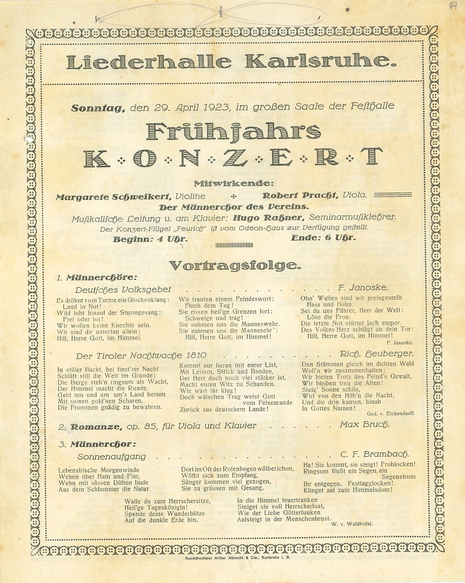 Die Abbildung zeigt das Konzertprogramm vom 29. April 1923 in Karlsruhe.