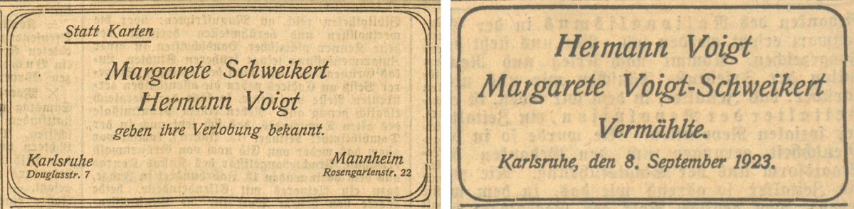 Die Abbildungen zeigen die Zeitungsannoncen zur Verlobung und Hochzeit von Margarete Schweikert 1923.