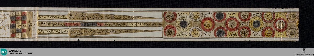 Die Abbildung zeigt ein Amulett in arabischer Sprache auf einem fast vier Meter langen, undatierten Papierstreifen.