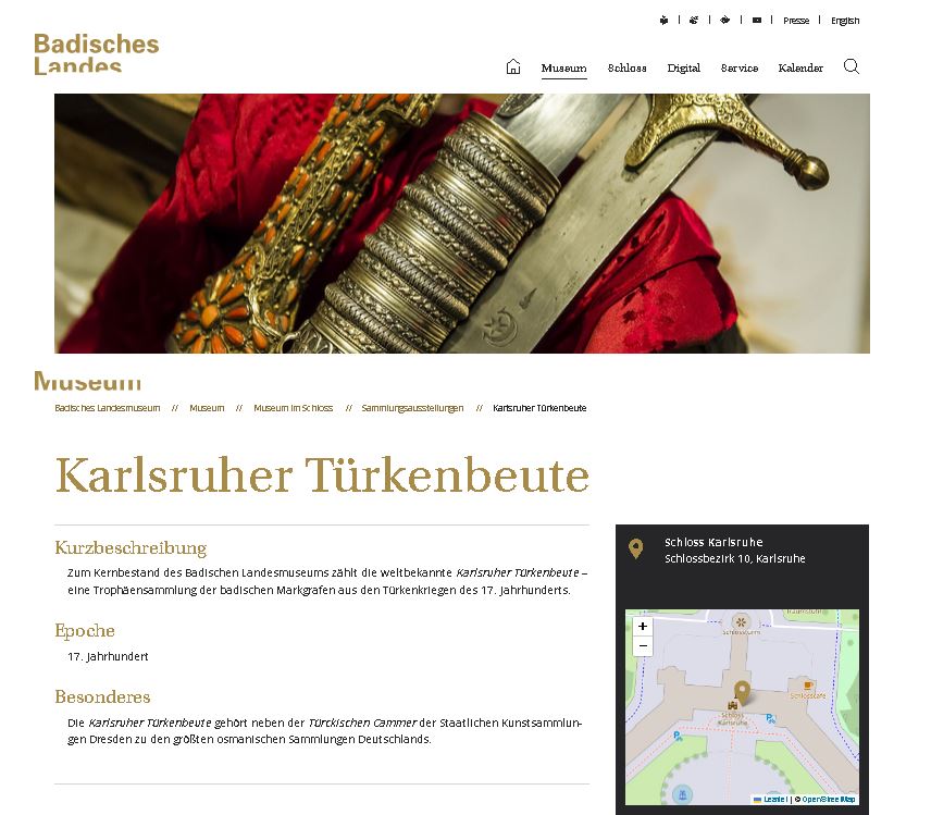 Der Screenshot zeigt die Präsentation der großen Türkenbeute-Sammlung im Badischen Landesmuseum.