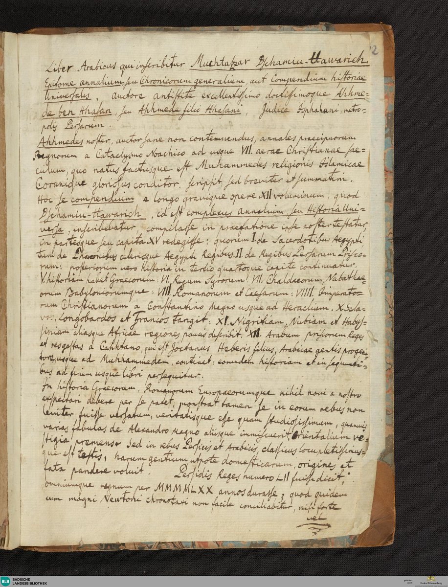 Die Abbildung zeigt die Beschreibung einer Handschrift von Jacob Jonas Björnståhl auf dem Vorsatzblatt von 1774.