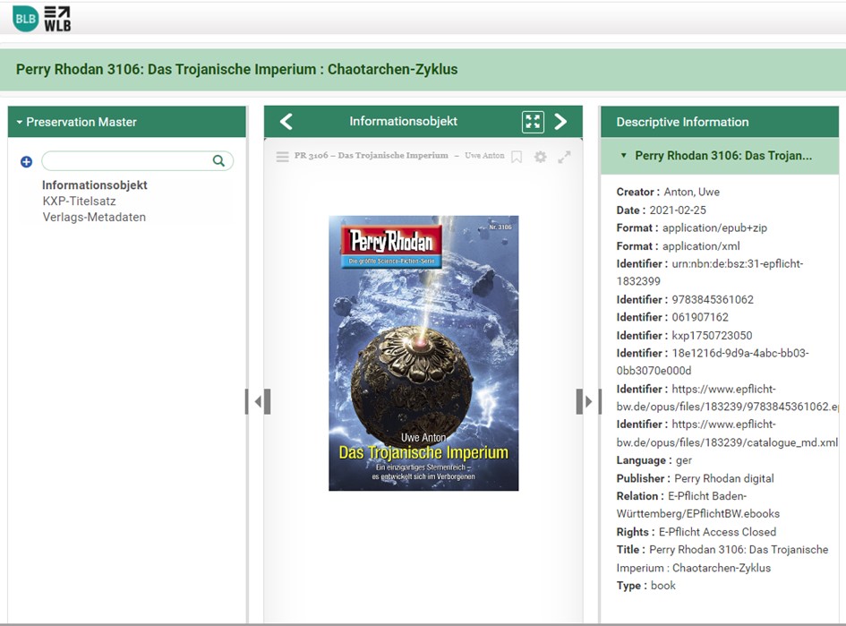 Der Screenshot zeigt die E-Book-Ausgabe von PERRY RHODAN-Band 3106 am Pflichtexemplar-Leseplatz im Lesesaal der Badischen Landesbibliothek.