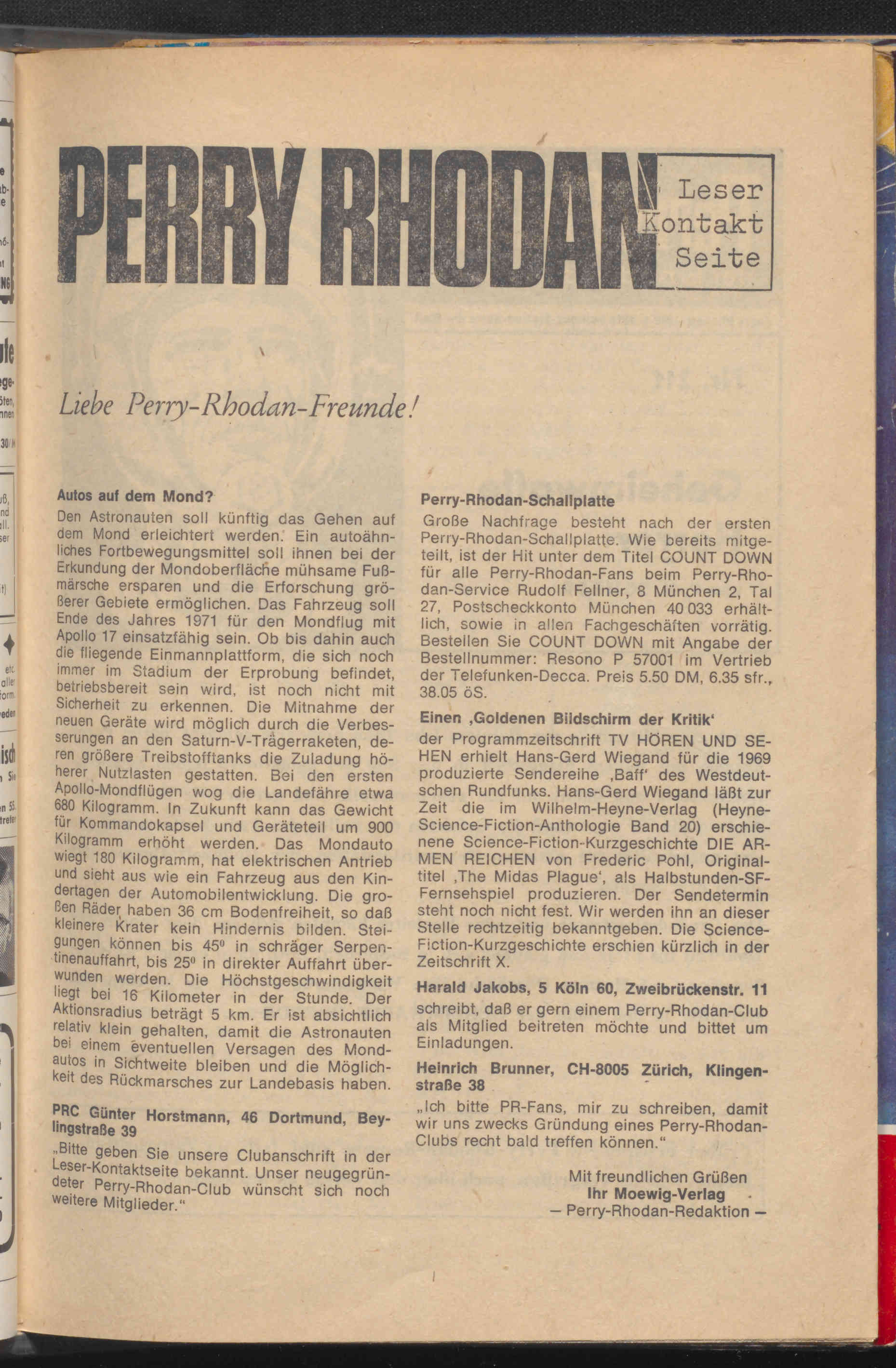 Die Abbildung zeigt eine Perry Rhodan-Leserkontaktseite im Heft.