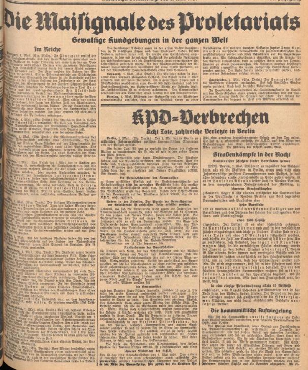 Der Screenshot zeigt die Titelseite des Volksfreunds vom 2. Mai 1929.