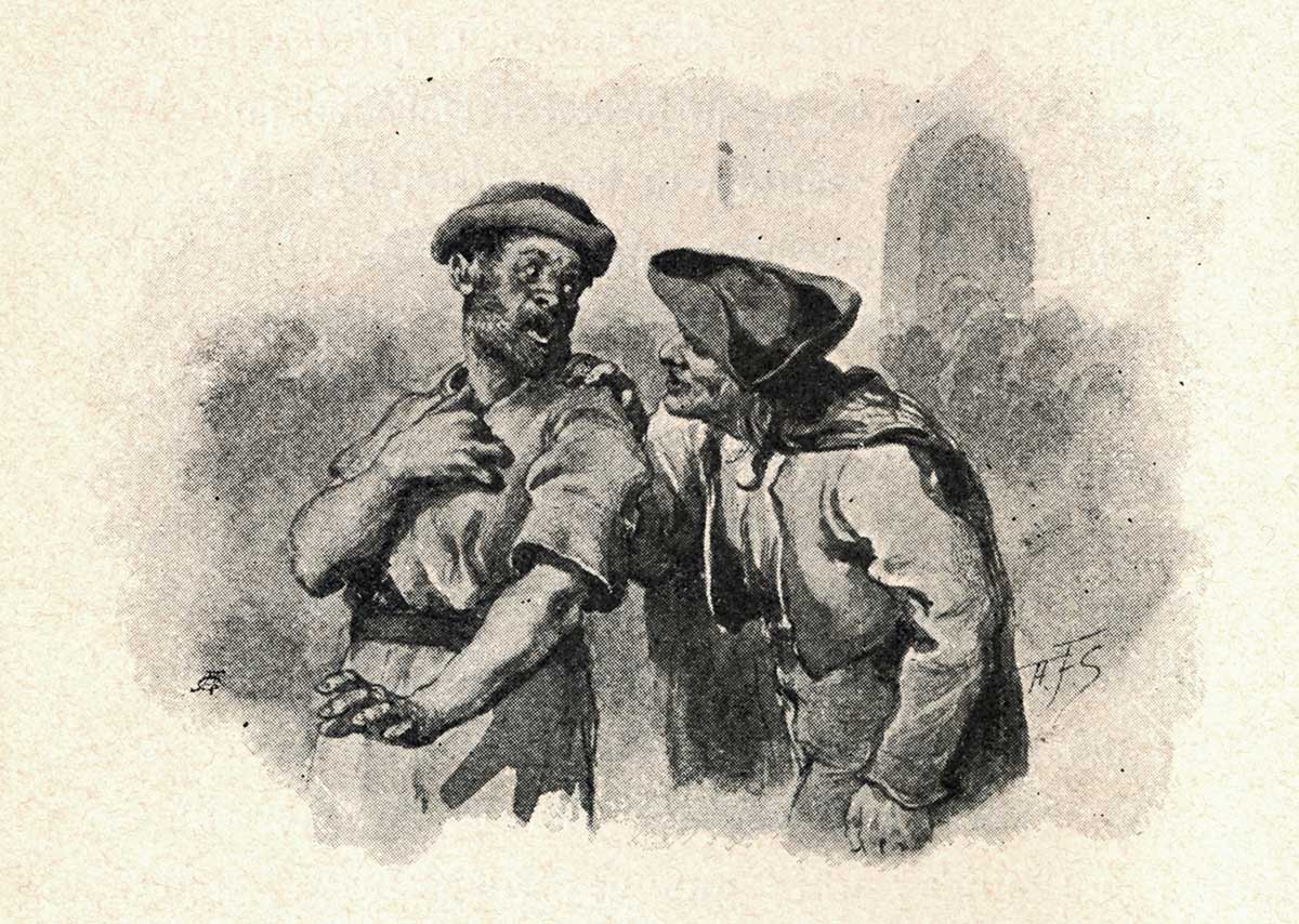 Illustration von Adalbert Franz Seligmann, zu sehen sind zwei Männer, einer von ihnen legt dem anderen die Hand auf die Schulter. Ersterer sieht überrascht darüber aus und hält sich erschrocken die Hand auf die Brust.