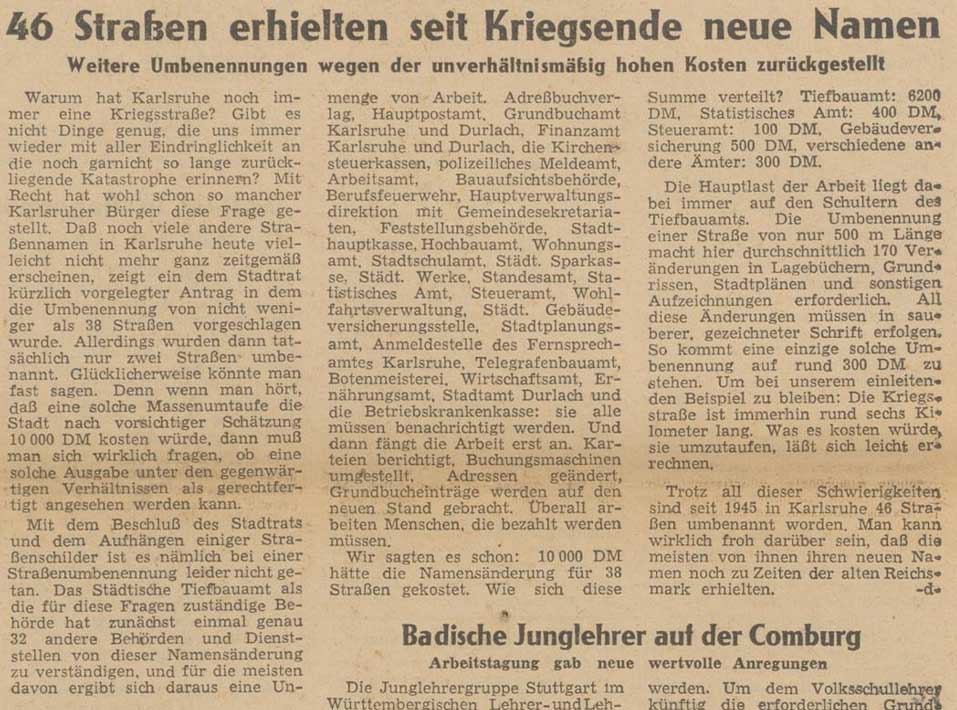 Zu sehen ist ein Zeitungsartikel über das Ende der Umbenennungen, in: Karlsruher neue Zeitung vom 23. April 1949.