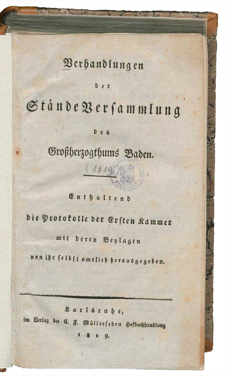 Titelseite eines Protokollbandes der ersten badischen Landtagskammer.