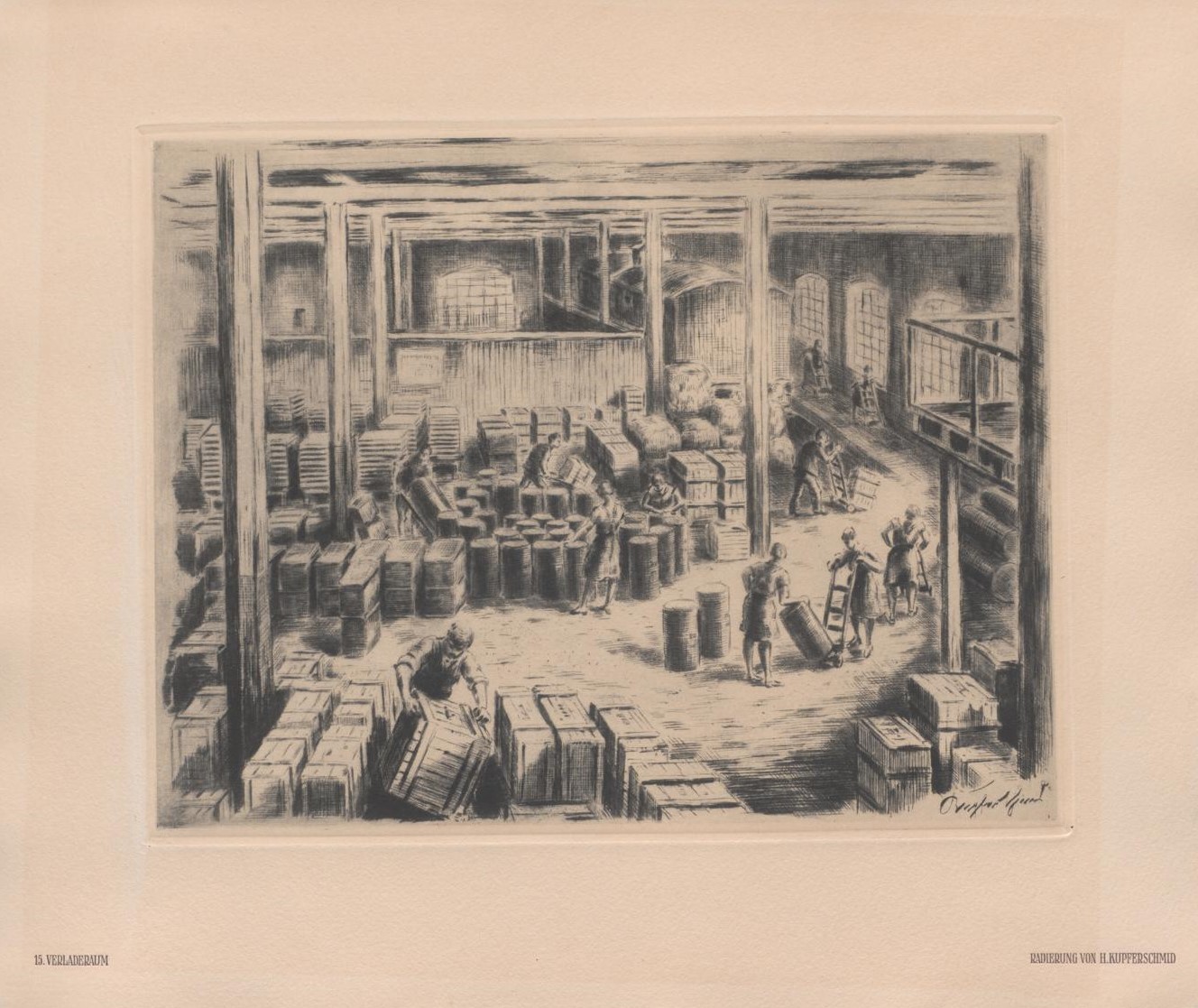 Zu sehen ist eine schwarz-weiße Illustration, die mehrere Industriearbeiter, auch weibliche, bei der Arbeit zeigt.