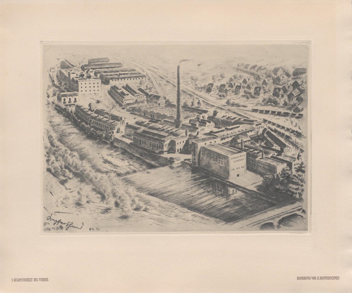 Zu sehen ist eine schwarz-weiße Illustration, die eine Fabrik von außen zeigt.